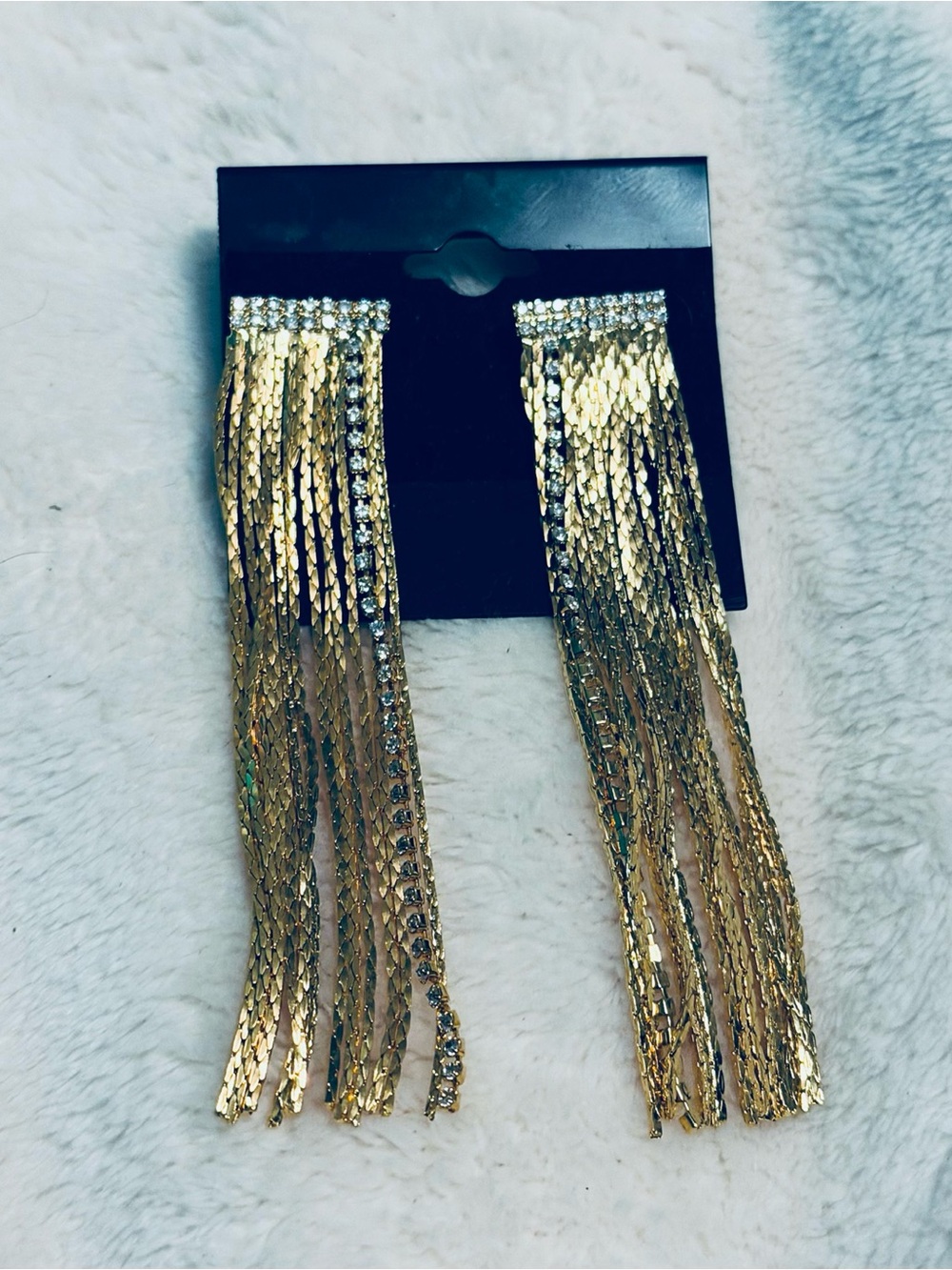 Vintage Signed CH Gold Tone CZ Fringe Chain post  Rhinestone Drop Earrings